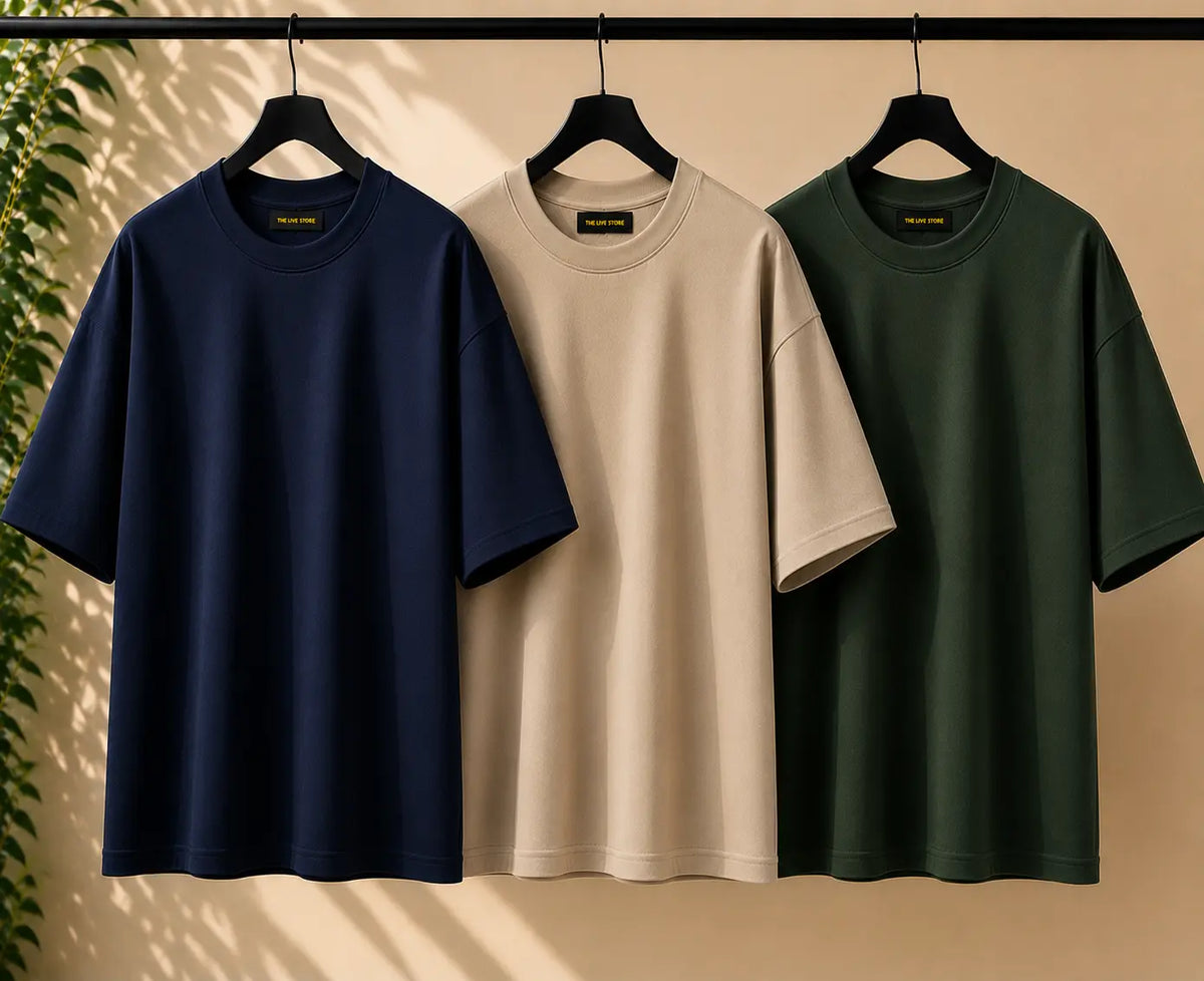 NAVY BLUE,BEIGE, BOTTLE, GREEN  SET OF DROP SHOULDER TEE the live store