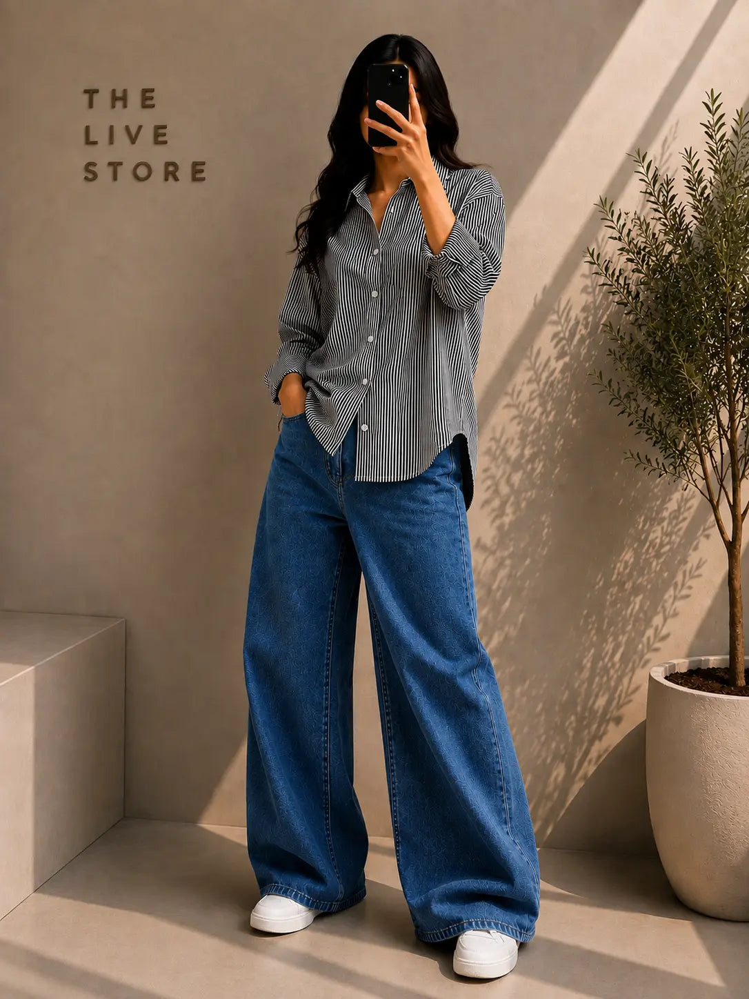 DUO PACK (BLACK STRIPED BUTTON DOWN SHIRT & DARK BLUE WIDE LEG JEANS) The Live Store