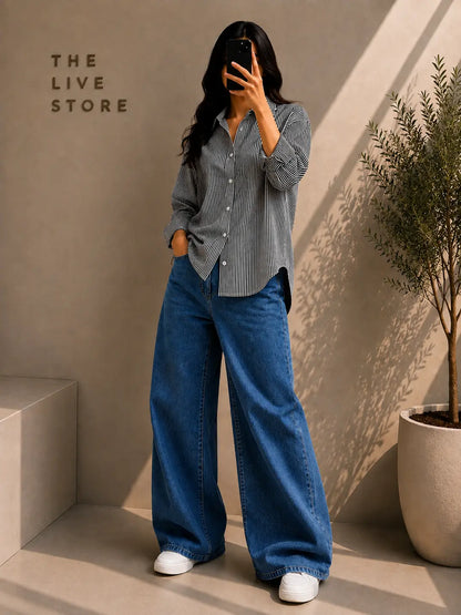 DUO PACK (BLACK STRIPED BUTTON DOWN SHIRT & DARK BLUE WIDE LEG JEANS) The Live Store