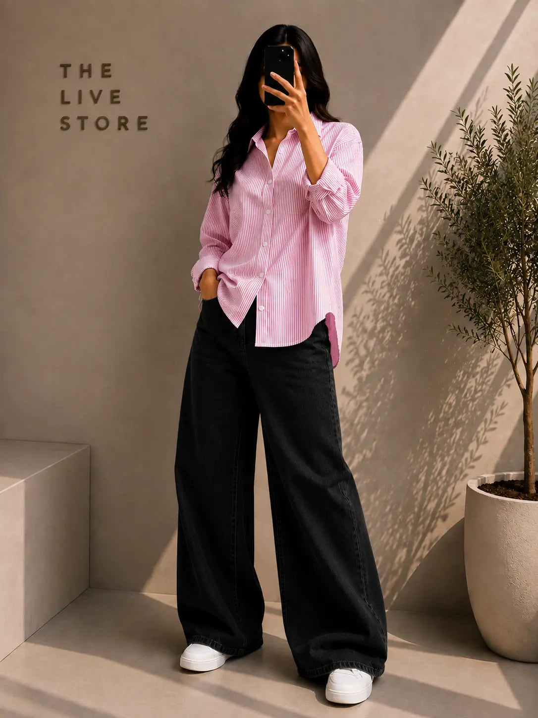 DUO PACK (PINK STRIPED BUTTON DOWN SHIRT & BLACK WIDE LEG JEANS) The Live Store