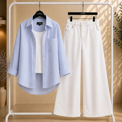 TRIO PACK (BLUE STRIPED BUTTON DOWN SHIRT, WHITE INNER TANK TOP & WHITE WIDE LEG JEANS) The Live Store
