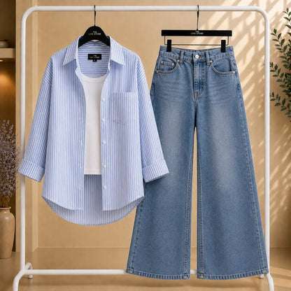 TRIO PACK (BLUE STRIPED BUTTON DOWN SHIRT, WHITE INNER TANK & MID BLUE WIDE LEG JEANS) The Live Store