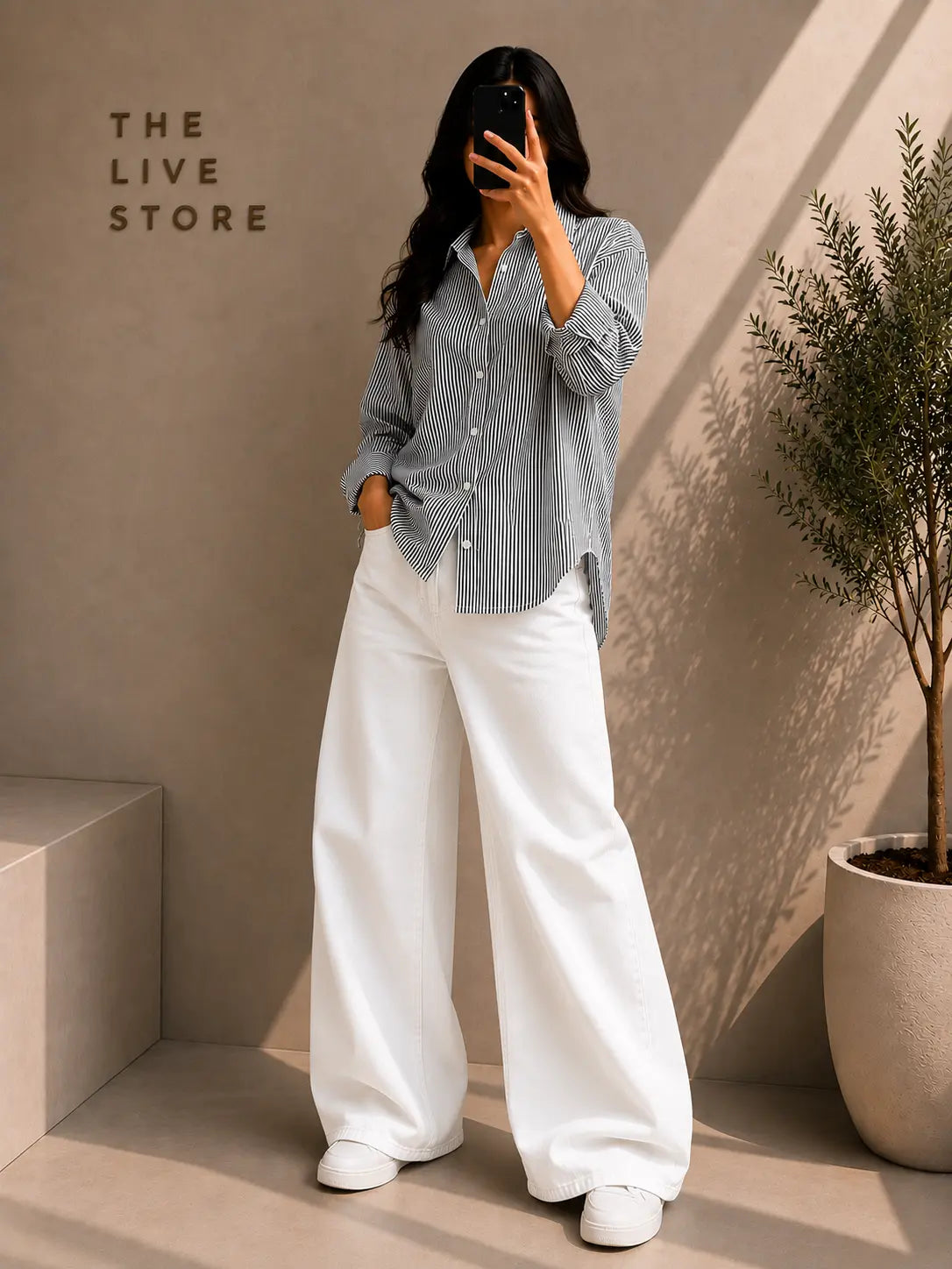 DUO PACK (BLACK STRIPED BUTTON DOWN SHIRT & WHITE WIDE LEG JEANS) The Live Store