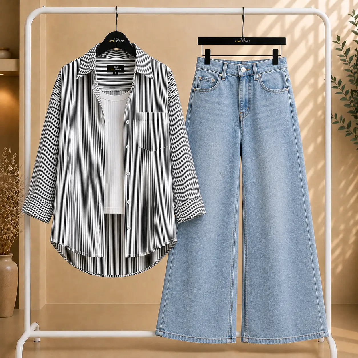 TRIO PACK (BLACK STRIPED BUTTON DOWN SHIRT, WHITE INNER TANK , SKY BLUE WIDE LEG JEANS) The Live Store