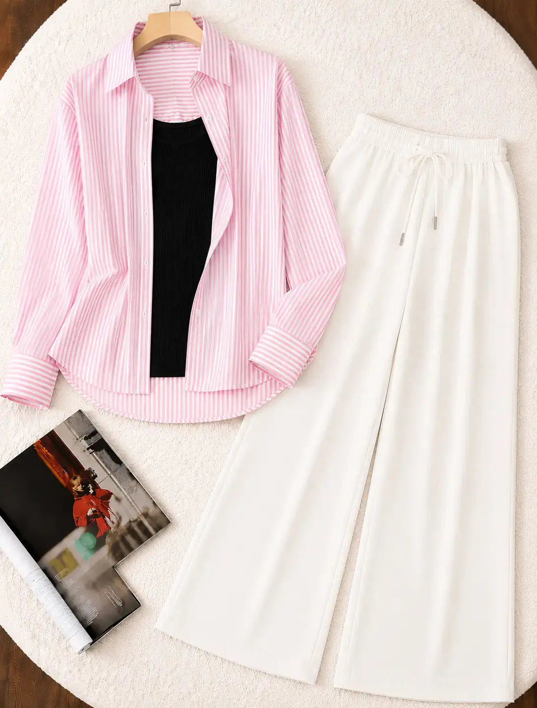TRIO PACK ( WHITE AND PINK STRIPES BUTTON DOWN SHIRT WITH BLACK INNER AND WHITE FLAPPER TROUSER) The Live Store
