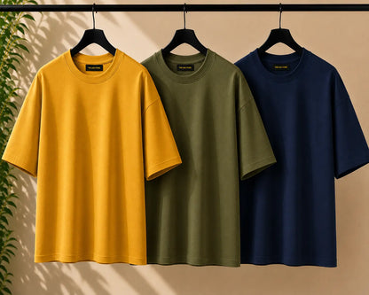 MUSTARD, OLIVE GREEN AND NAVY BLUE SET OF DROP SHOULDER TEE the live store