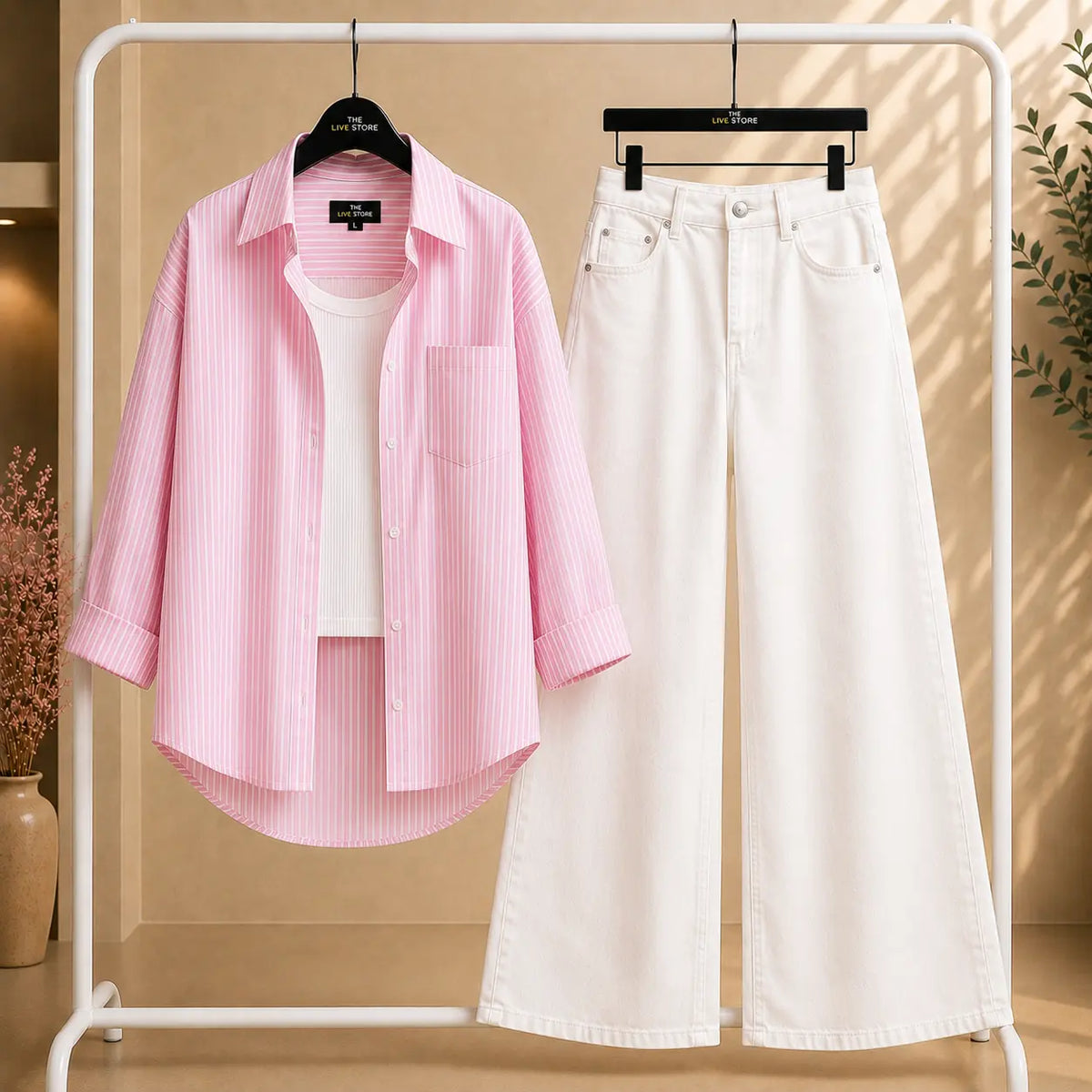 TRIO PACK (PINK STRIPED BUTTON DOWN SHIRT, WHITE INNER TANK TOP & WHITE WIDE LEG JEANS) The Live Store